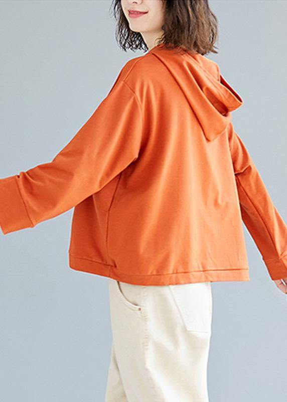 Loose Orange Cotton Blouses for Hooded Loose Fall Top