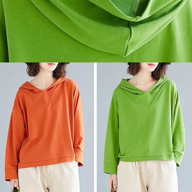 Loose Orange Cotton Blouses for Hooded Loose Fall Top