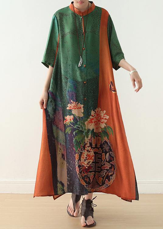 Loose Orange Green Print Chiffon Robes Century Shirts Stand Collar Half Sleeve Summer Dress