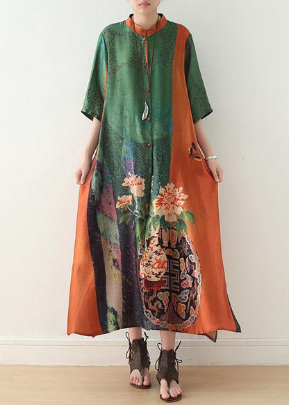 Loose Orange Green Print Chiffon Robes Century Shirts Stand Collar Half Sleeve Summer Dress