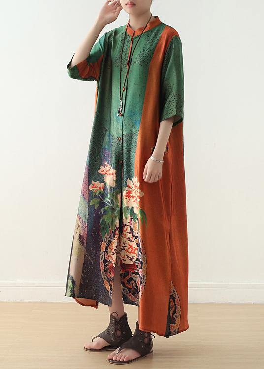 Loose Orange Green Print Chiffon Robes Century Shirts Stand Collar Half Sleeve Summer Dress