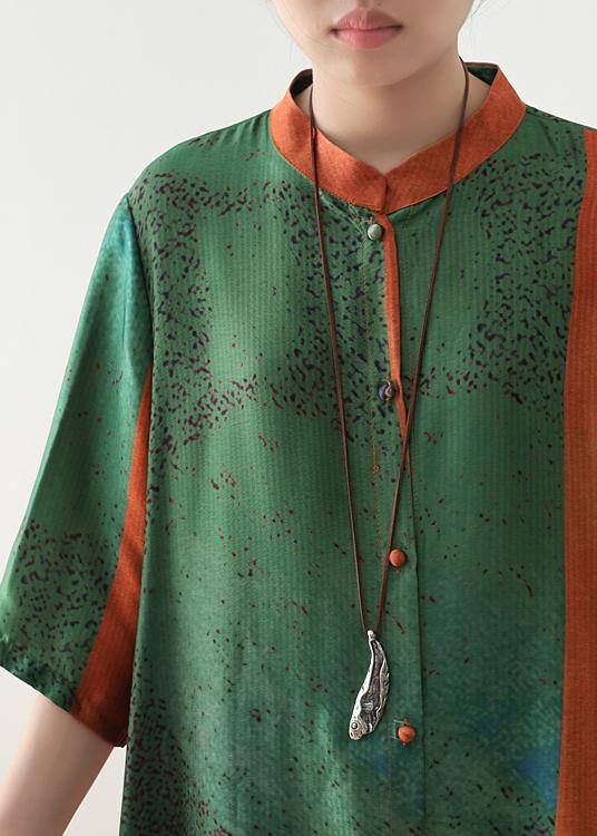 Loose Orange Green Print Chiffon Robes Century Shirts Stand Collar Half Sleeve Summer Dress
