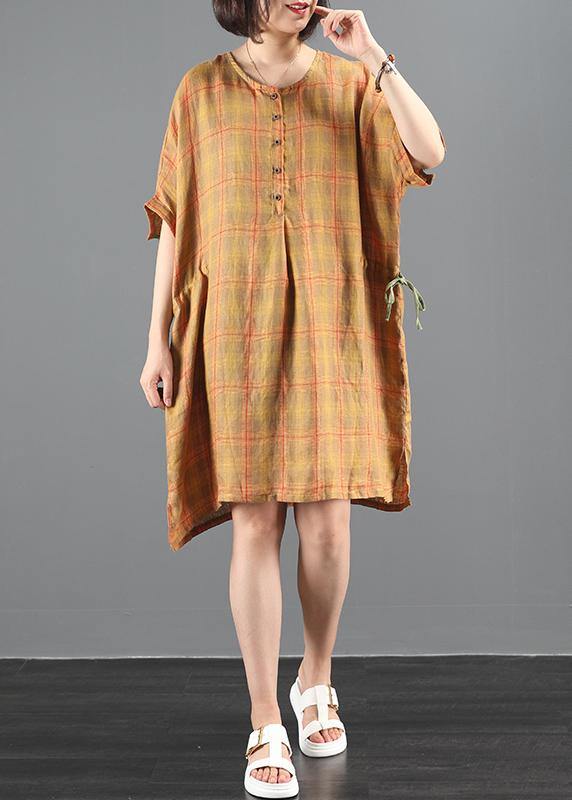 Loose Orange Plaid Dresses O Neck Drawstring Knee Summer Dress