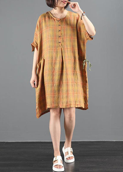 Loose Orange Plaid Dresses O Neck Drawstring Knee Summer Dress