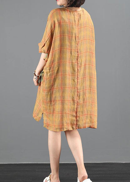 Loose Orange Plaid Dresses O Neck Drawstring Knee Summer Dress