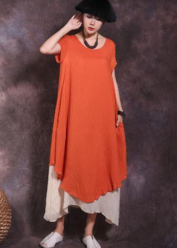 Loose Orange Short Sleeve Linen Dress False Two Pieces Loose Summer Dress