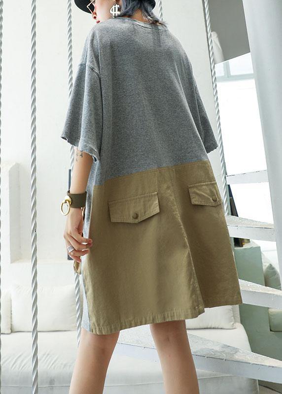 Loose Patchwork Big Pockets Cotton Clothes Inspiration Gray Dresses Summer