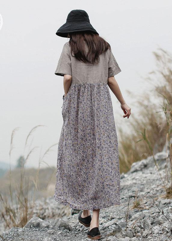 Loose Patchwork Linen Long Shirts Neckline Gray Dress Summer