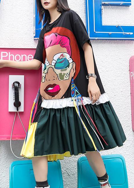 Loose Patchwork Cinched Cotton Quilting Dresses Neckline Black Dresses Summer