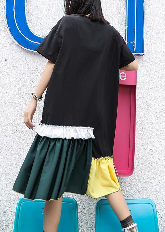 Loose Patchwork Cinched Cotton Quilting Dresses Neckline Black Dresses Summer