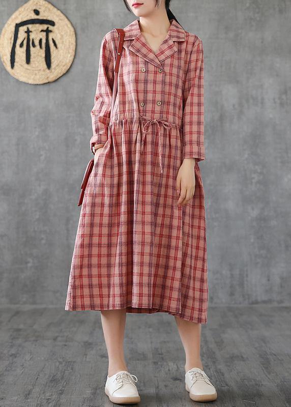 Loose Pink Plaid Linen Cotton Clothes Notched Drawstring Cotton Dress