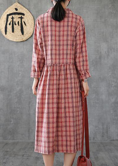 Loose Pink Plaid Linen Cotton Clothes Notched Drawstring Cotton Dress