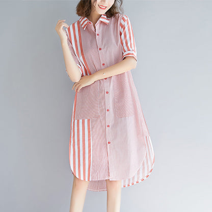 Loose Pink Striped Cotton Quilting Clothes Fun Photography Side Open Knee Patchwork Dress
