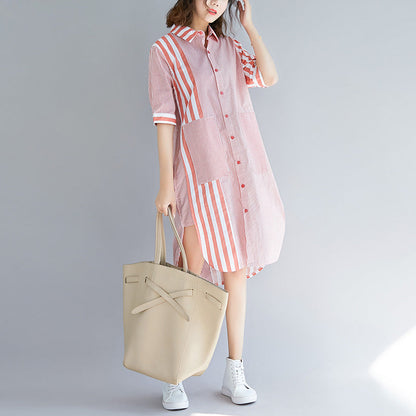 Loose Pink Striped Cotton Quilting Clothes Fun Photography Side Open Knee Patchwork Dress