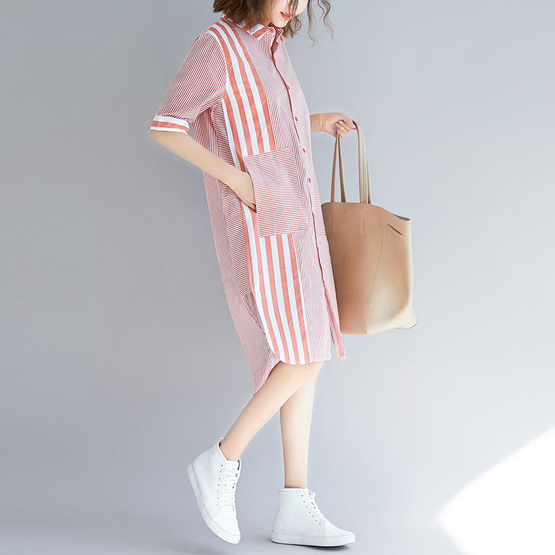 Loose Pink Striped Cotton Quilting Clothes Fun Photography Side Open Knee Patchwork Dress