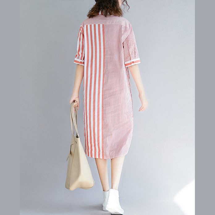 Loose Pink Striped Cotton Quilting Clothes Fun Photography Side Open Knee Patchwork Dress