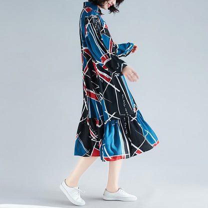 Loose Print Chiffon Clothes for Sweets Wardrobes Ruffles Chiffon Lapel Collar Dress