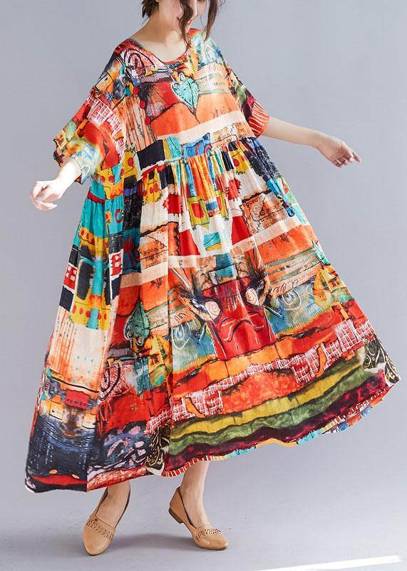 Loose Prints Cotton Linen Quilting Dresses Short Sleeve Big Hem Loose Summer Dress
