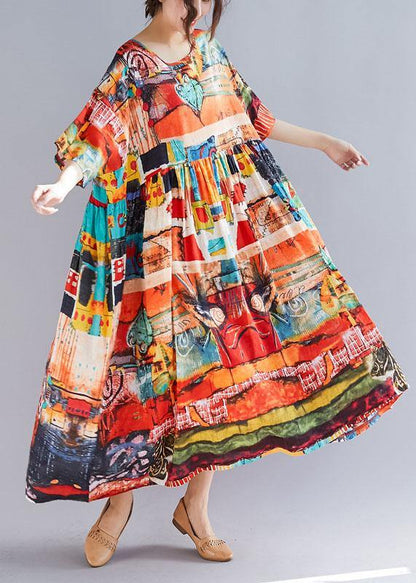 Loose Prints Cotton Linen Quilting Dresses Short Sleeve Big Hem Loose Summer Dress