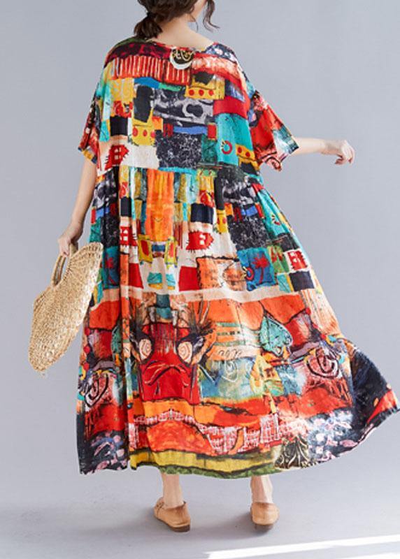 Loose Prints Cotton Linen Quilting Dresses Short Sleeve Big Hem Loose Summer Dress