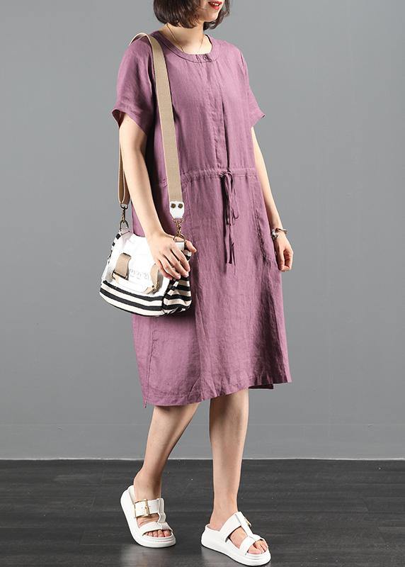 Loose Purple Tunics O Neck Drawstring Loose Dress