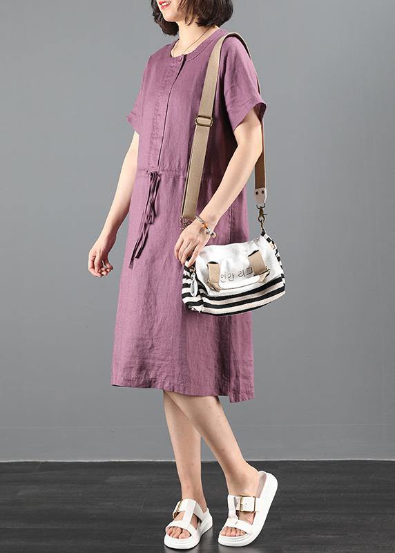 Loose Purple Tunics O Neck Drawstring Loose Dress