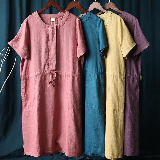 Loose Purple Tunics O Neck Drawstring Loose Dress