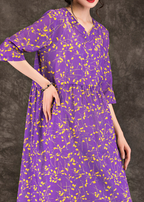 Loose Purple Print Linen Robes Stylish Tops V Neck Patchwork Loose Summer Dress