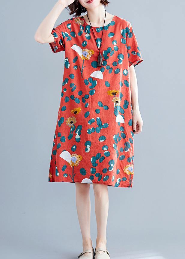 Loose Red Chiffon Clothes O Neck Midi Summer Print Dresses