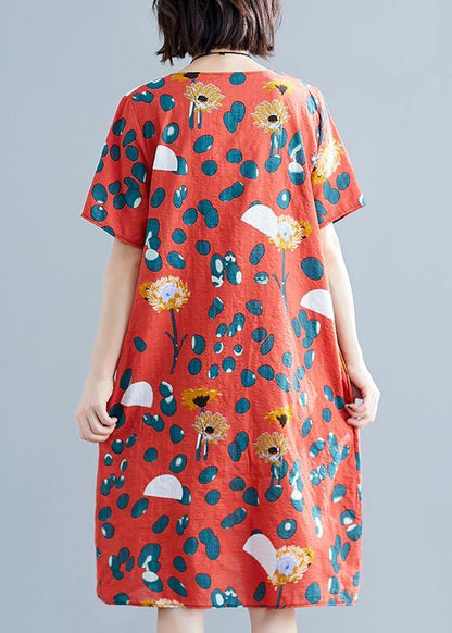 Loose Red Chiffon Clothes O Neck Midi Summer Print Dresses