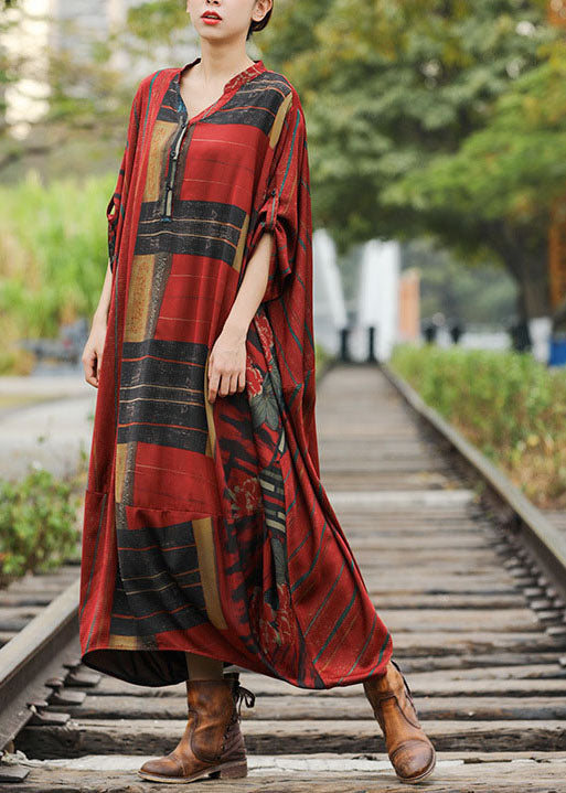 Loose Red V Neck Patchwork Linen Silk Long Dresses Spring