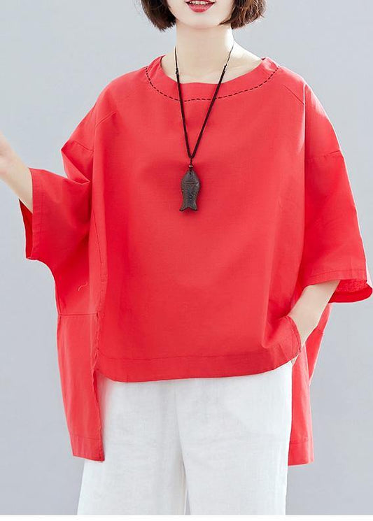 Loose Red Cotton Tunic Low High Design Art Summer Shirts