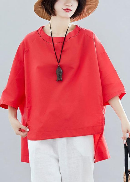Loose Red Cotton Tunic Low High Design Art Summer Shirts
