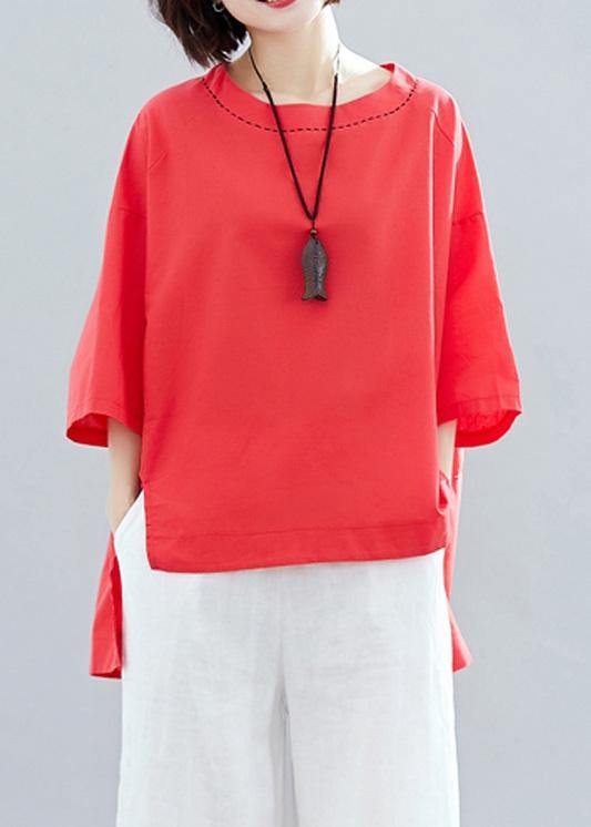 Loose Red Cotton Tunic Low High Design Art Summer Shirts