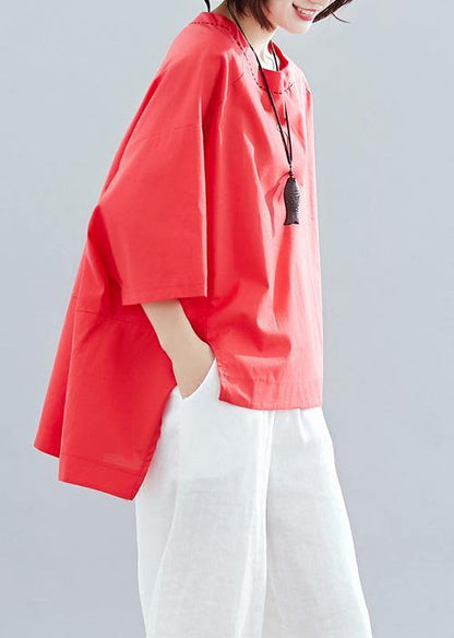 Loose Red Cotton Tunic Low High Design Art Summer Shirts