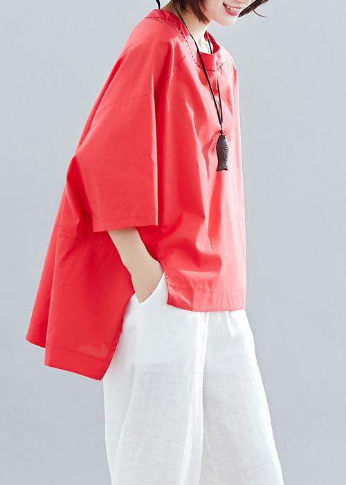Loose Red Cotton Tunic Low High Design Art Summer Shirts