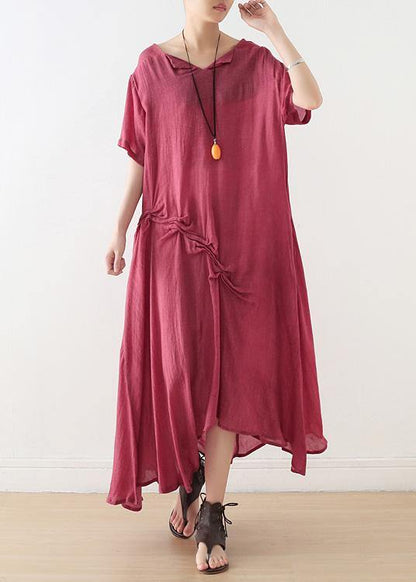 Loose Red Cotton Tunic Pattern Cinched Asymmetric Dresses
