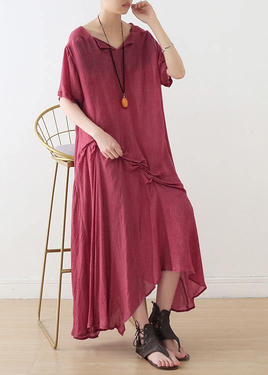Loose Red Cotton Tunic Pattern Cinched Asymmetric Dresses