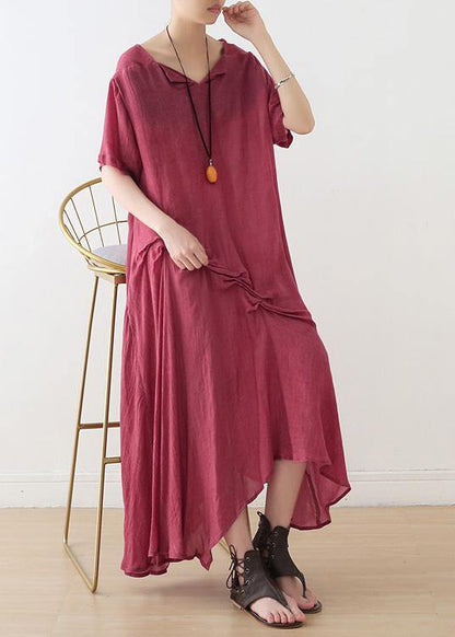Loose Red Cotton Tunic Pattern Cinched Asymmetric Dresses
