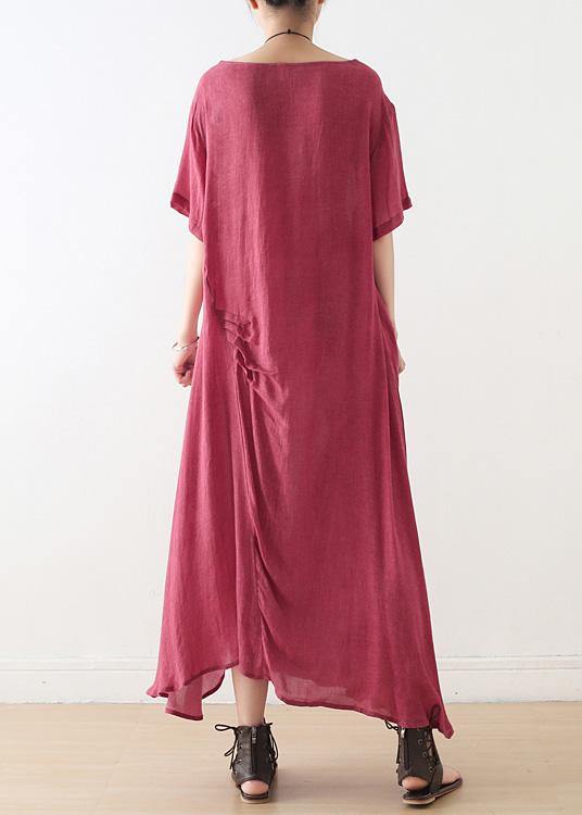 Loose Red Cotton Tunic Pattern Cinched Asymmetric Dresses