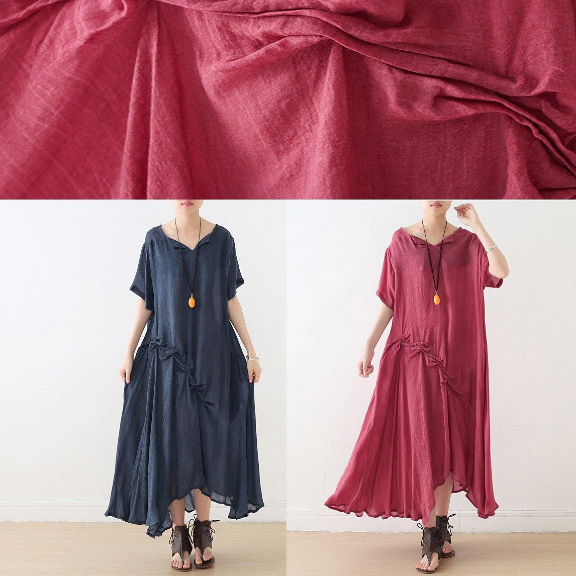 Loose Red Cotton Tunic Pattern Cinched Asymmetric Dresses