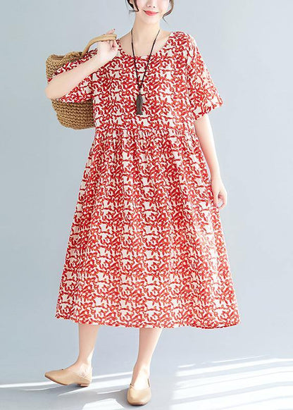 Loose Red Linen Cotton Robes Stylish Fabrics Short Sleeve Maxi Summer Dresses