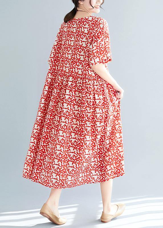 Loose Red Linen Cotton Robes Stylish Fabrics Short Sleeve Maxi Summer Dresses