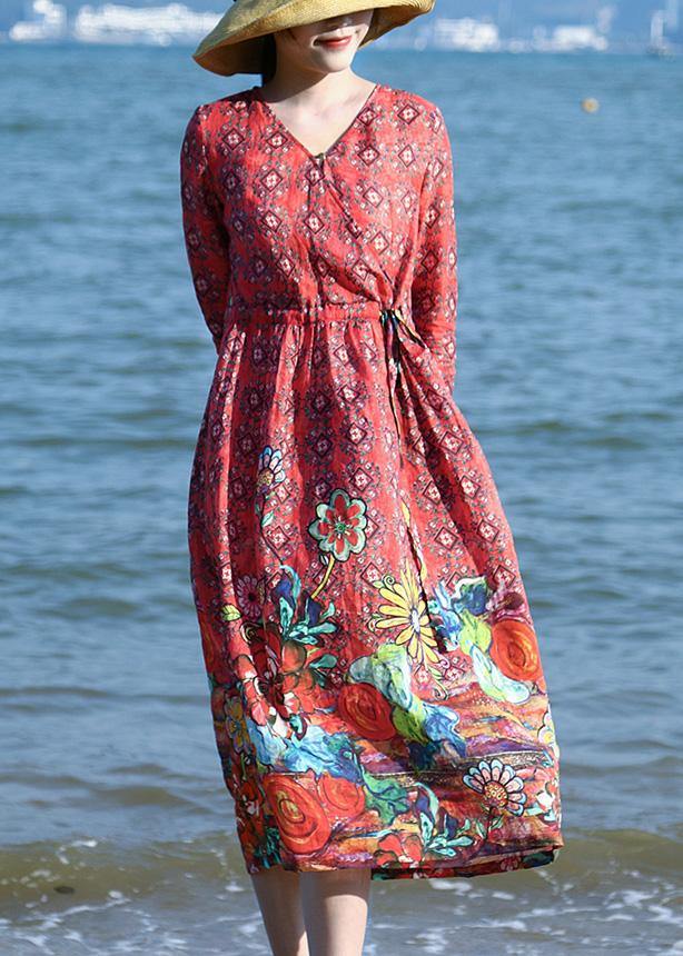 Loose Red Linen Outfit Drawstring Long V Neck Dresses