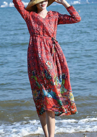 Loose Red Linen Outfit Drawstring Long V Neck Dresses