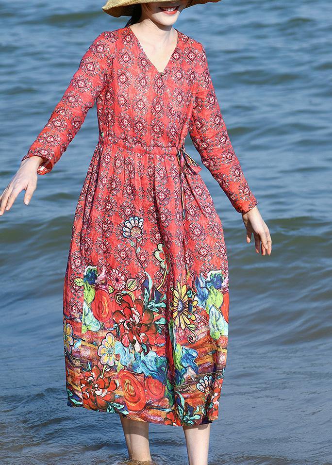 Loose Red Linen Outfit Drawstring Long V Neck Dresses