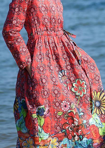 Loose Red Linen Outfit Drawstring Long V Neck Dresses