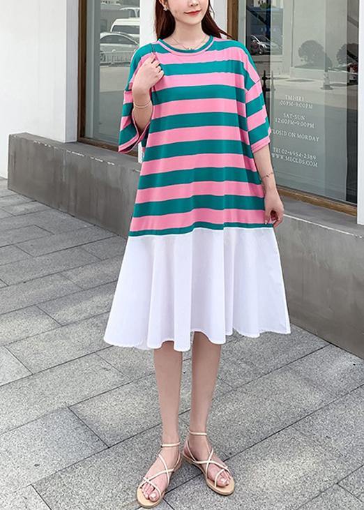 Loose Red Green Striped Dresses O Neck Ruffles Cotton Summer Dress