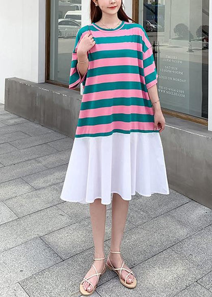 Loose Red Green Striped Dresses O Neck Ruffles Cotton Summer Dress