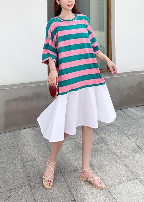 Loose Red Green Striped Dresses O Neck Ruffles Cotton Summer Dress